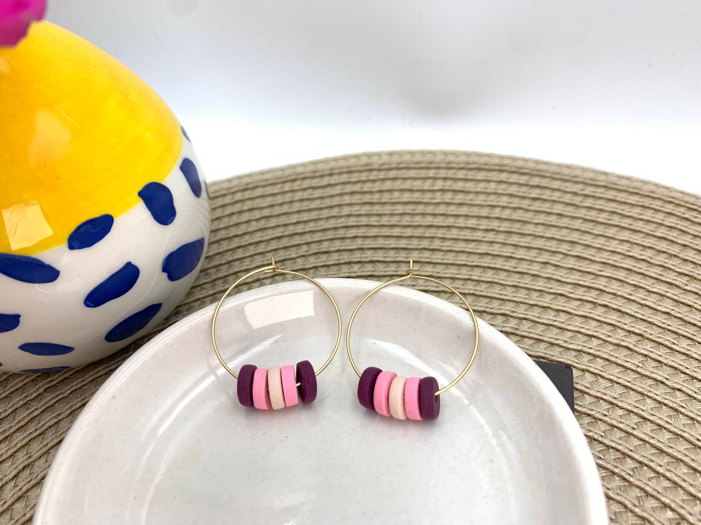Handmade Pink Purple Hoop Earrings: Colorful Polymer Clay Dangles