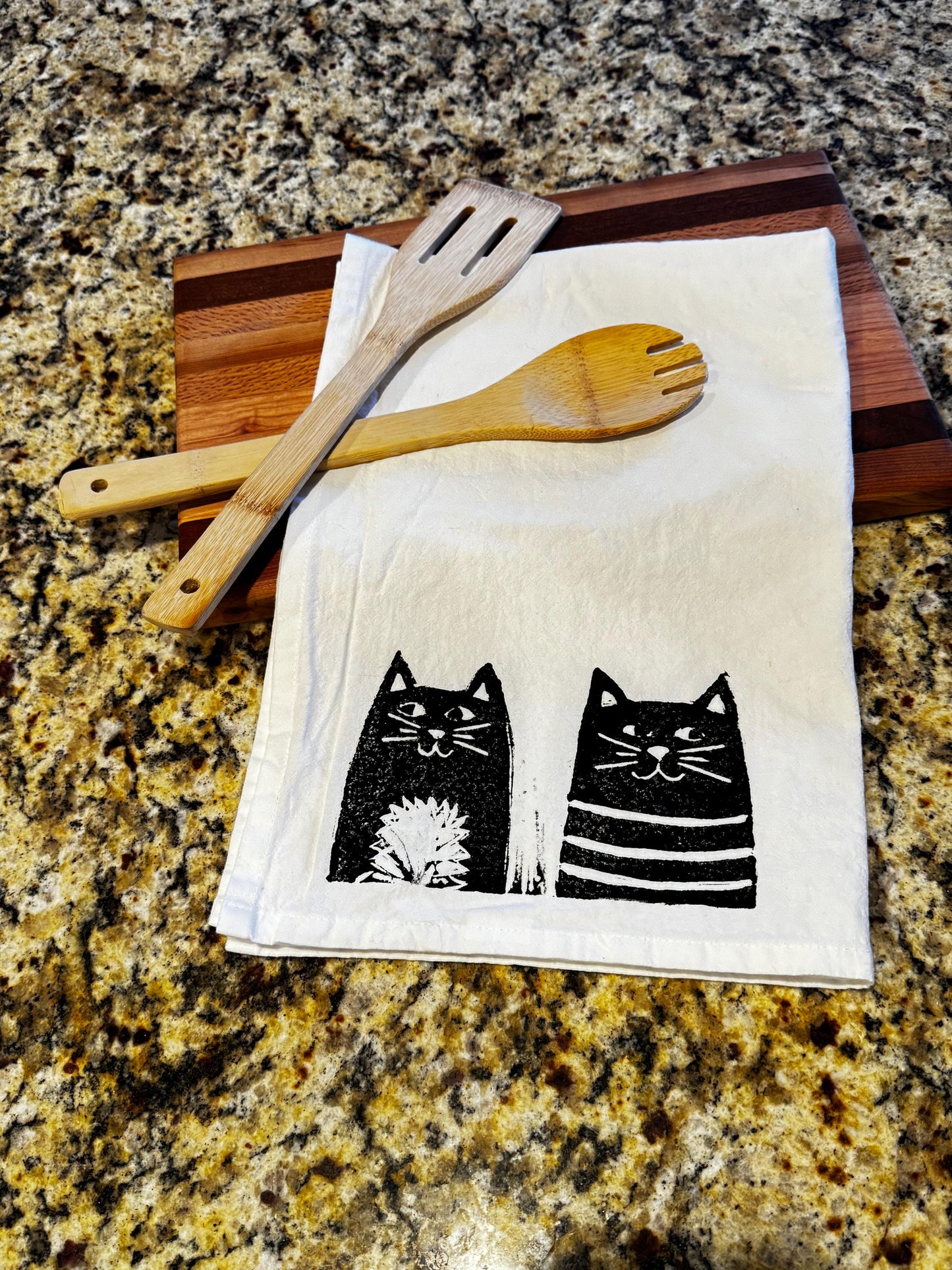 Handmade Black Cat Tea Towel: Block Printed Cotton Dish Towel