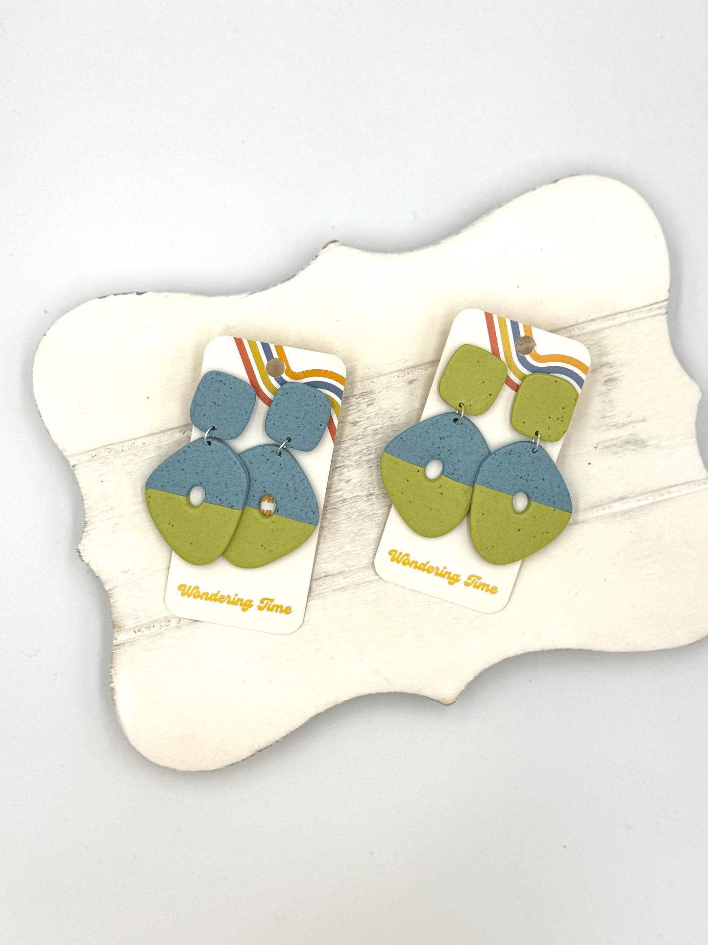 Handmade Geometric Polymer Clay Earrings – Blue & Green Color Block Jewelry