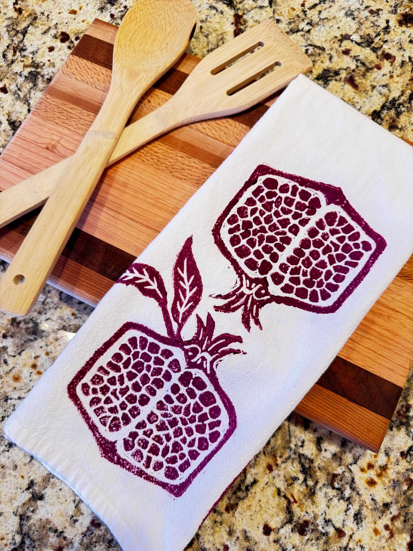 Hand Printed Pomegranate Tea Towel – Burgundy Holiday Kitchen Decor
