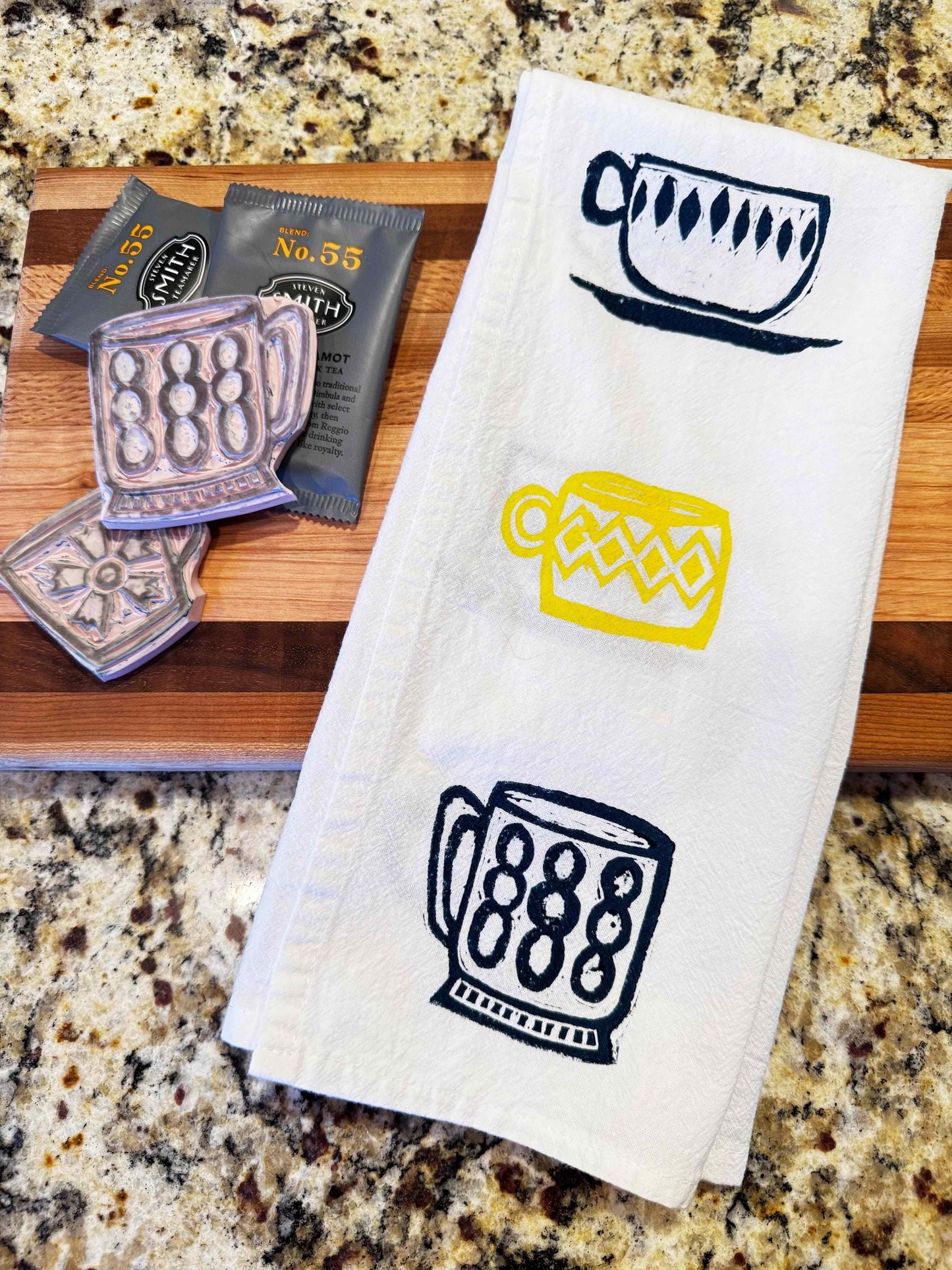 Hand Printed Tea Towel – Mid-Century Mug Design, Retro Kitchen Decor