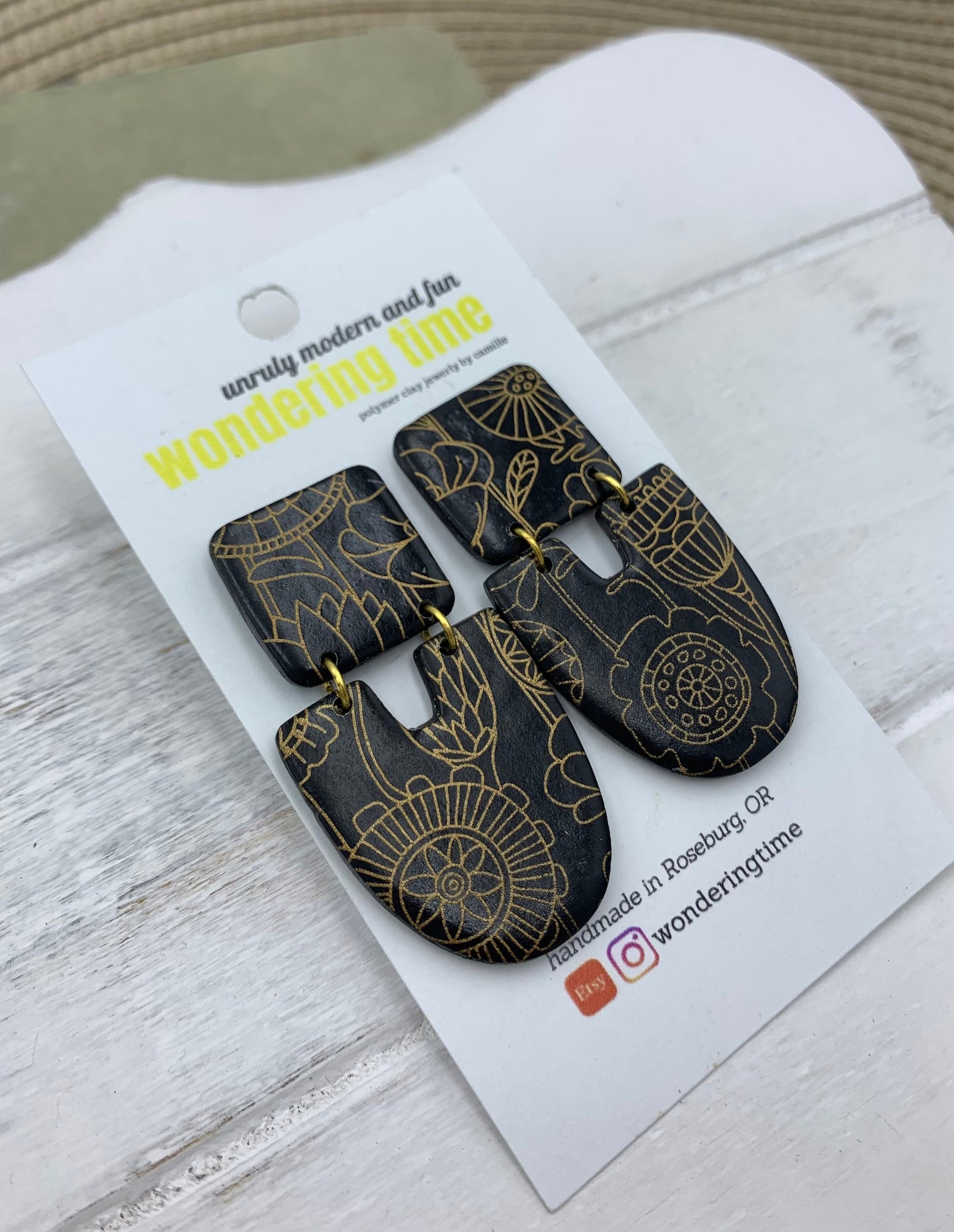 Black Clay Dangle Earrings: Gold Floral Design, Lightweight