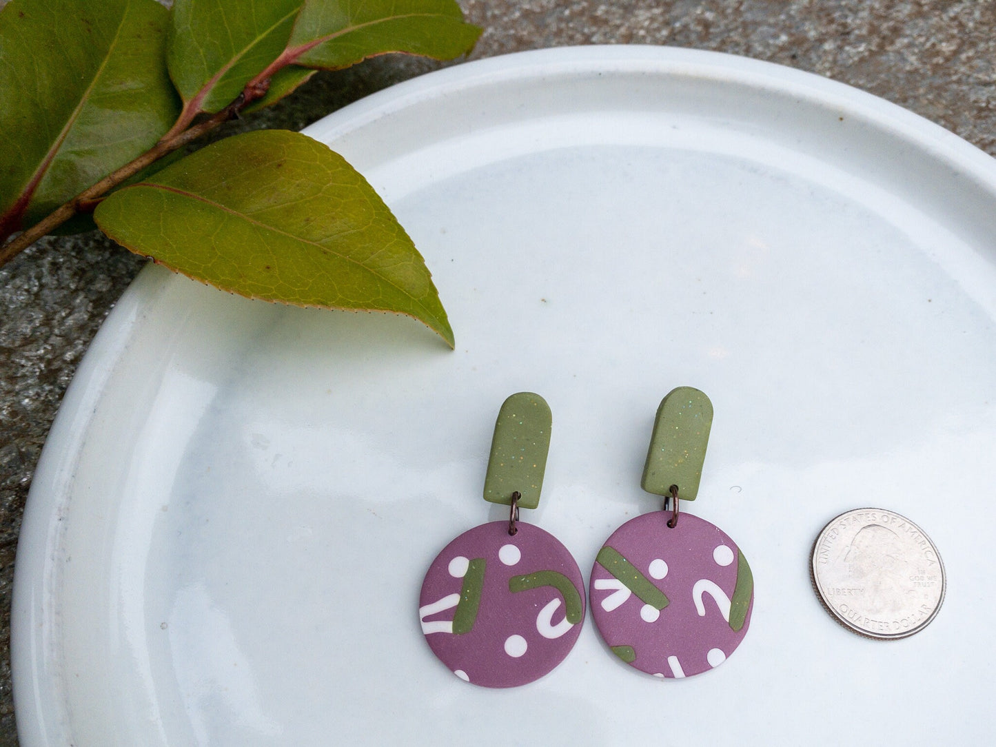 Handmade Polymer Clay Dangle Earrings: Funky Green & Purple