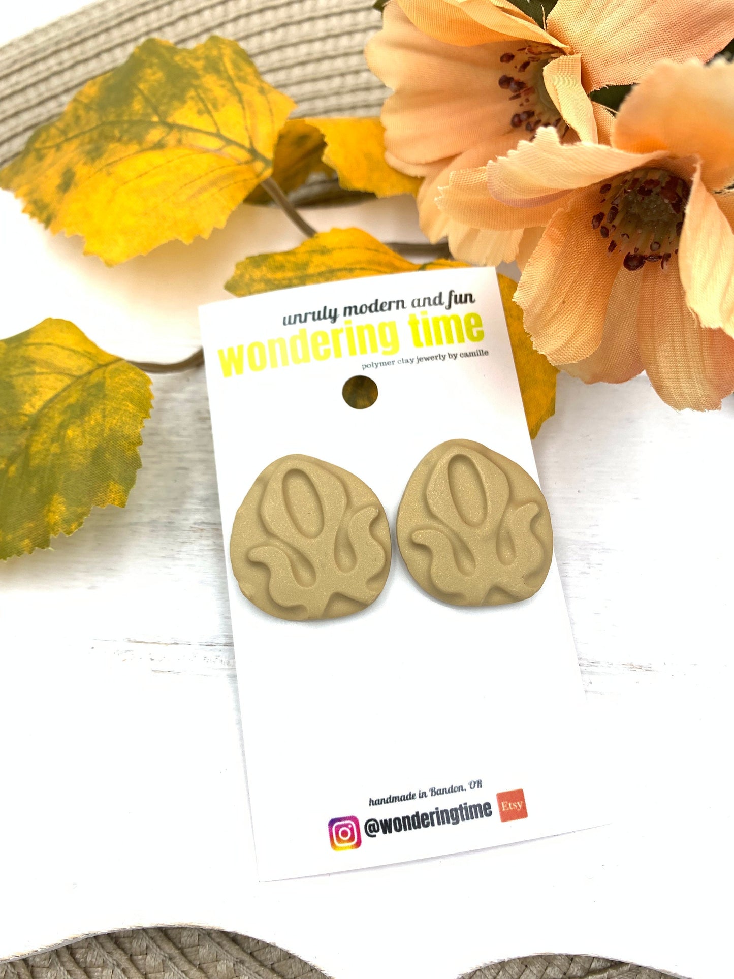 Embossed Gold Stud Earrings: Neutral Polymer Clay, Minimalist Jewelry