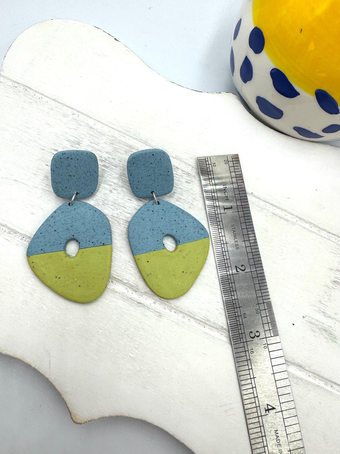 Handmade Geometric Polymer Clay Earrings – Blue & Green Color Block Jewelry