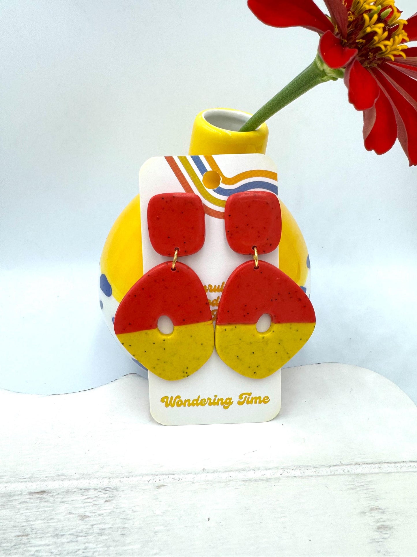 Geometric Polymer Clay Earrings: Red & Yellow Color Block, Handmade