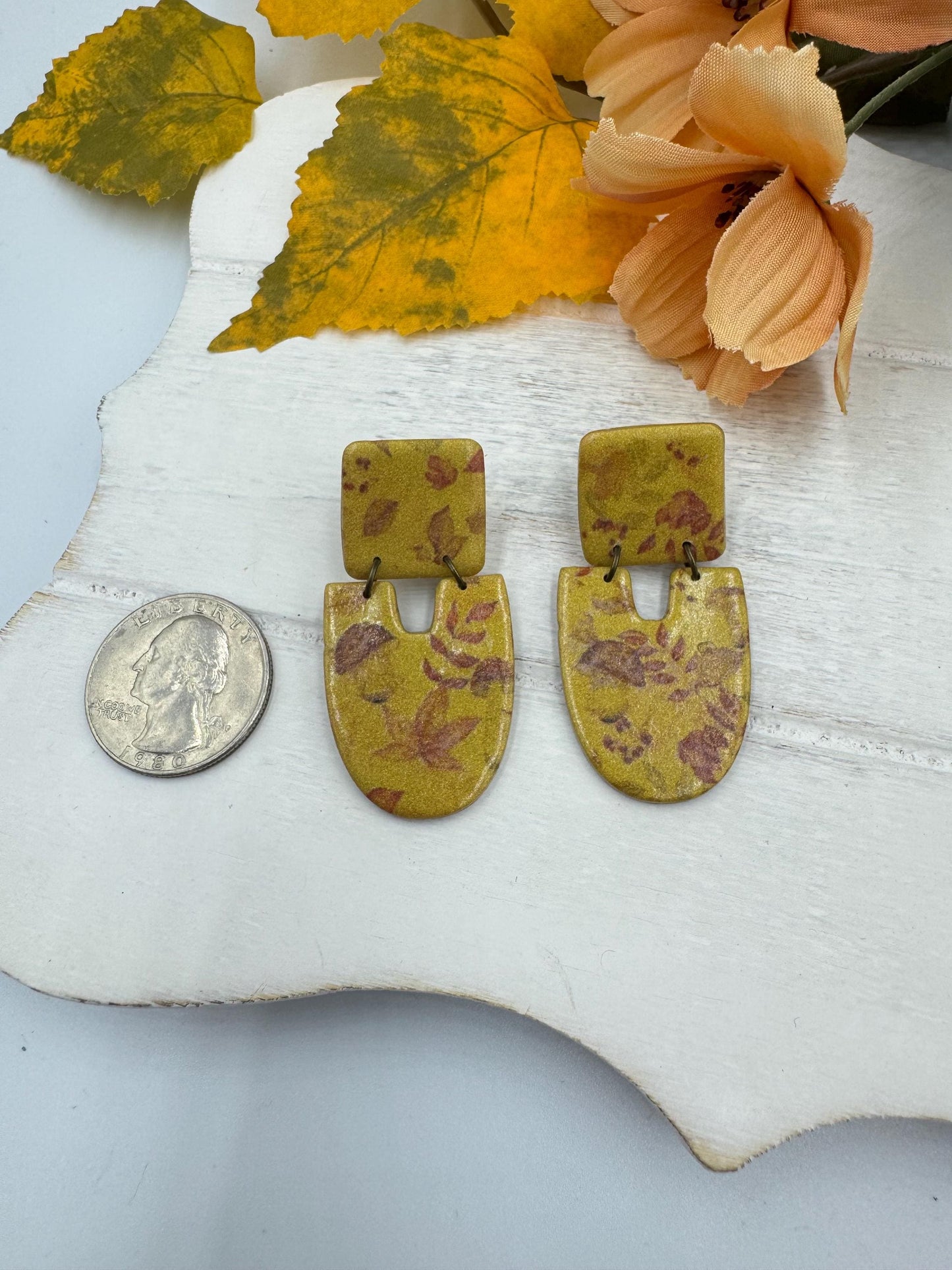 Handmade Gold Fall Leaf Earrings: Boho Polymer Clay Botanical Jewelry