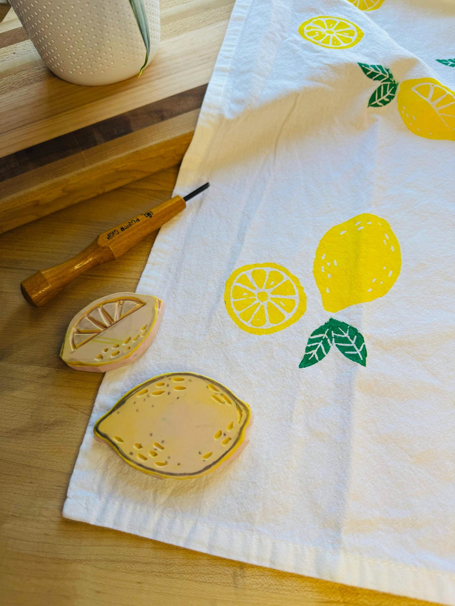 Handmade Lemon Print Tea Towel: Block Printed Kitchen Cotton Decor