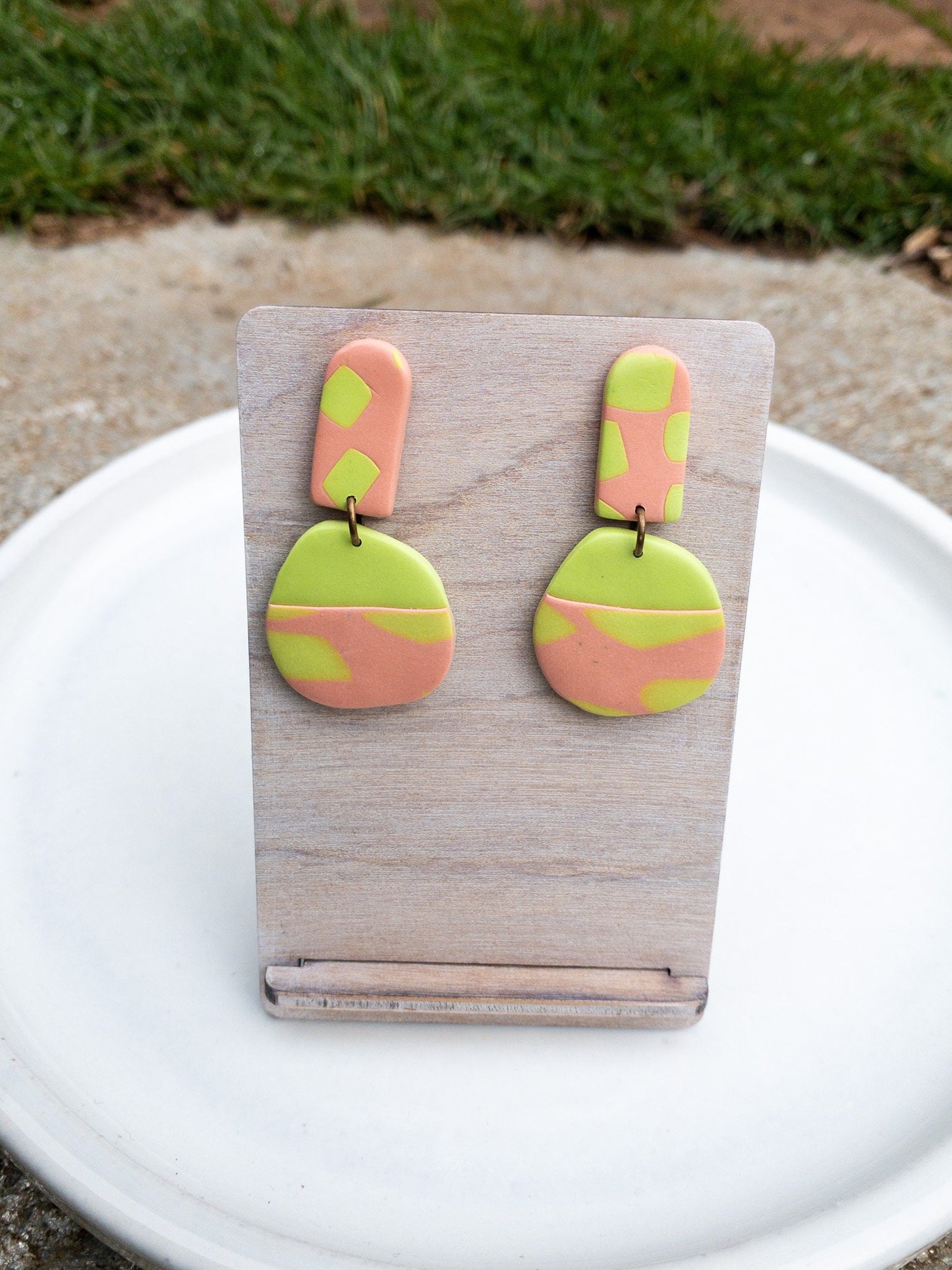Funky Polymer Clay Dangle Earrings: Neon Pink & Lime Green