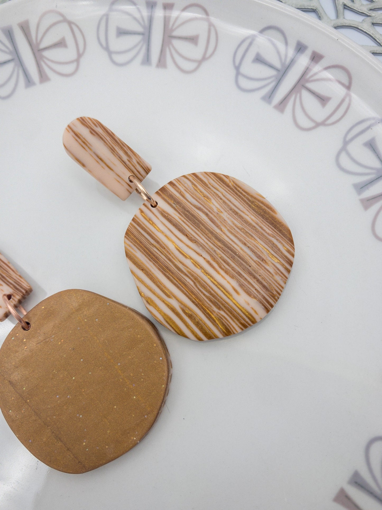 Wood Grain Polymer Clay Dangle Earrings: Bronze Stripe Statement Jewelry
