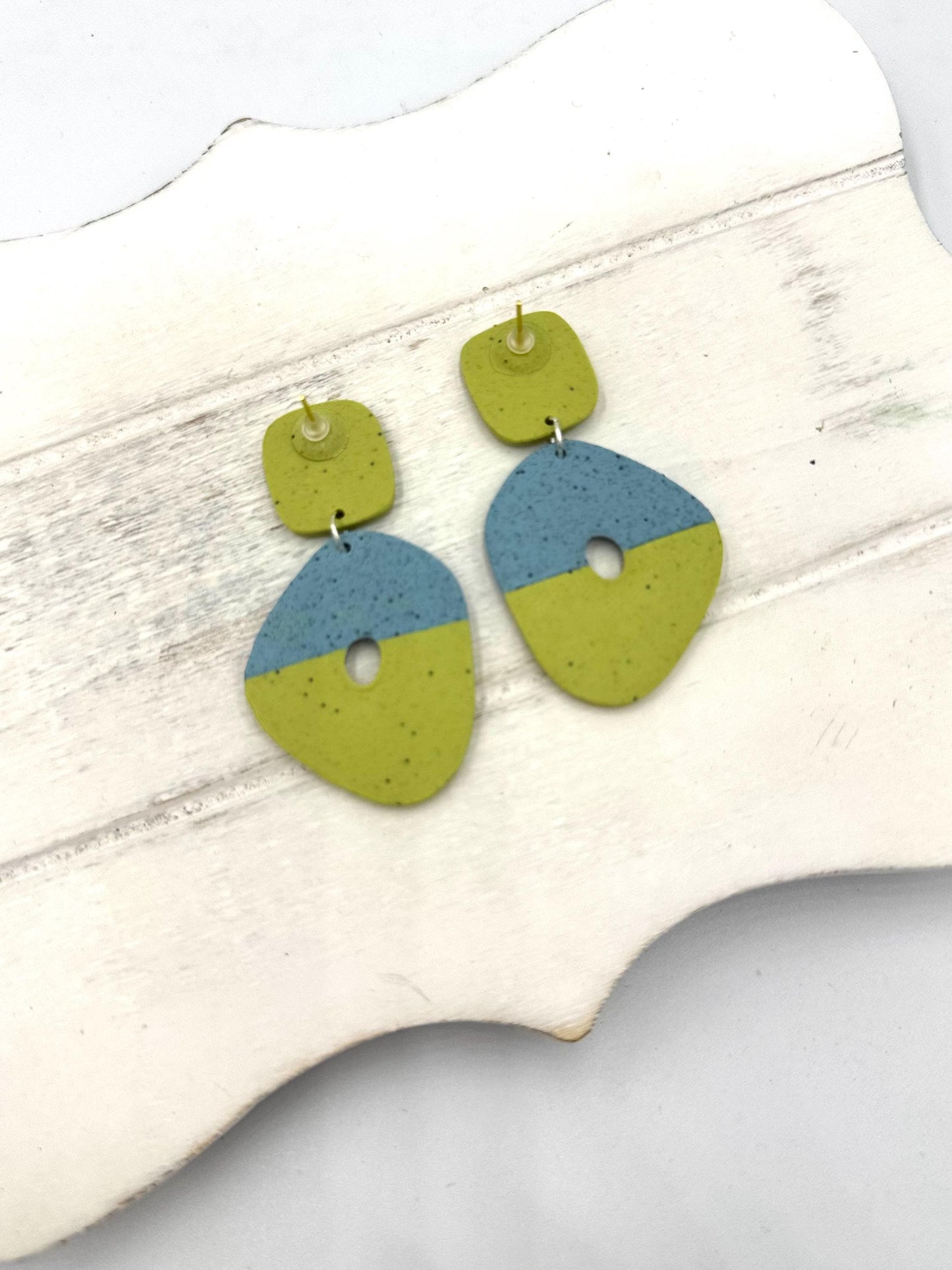 Handmade Geometric Polymer Clay Earrings – Blue & Green Color Block Jewelry