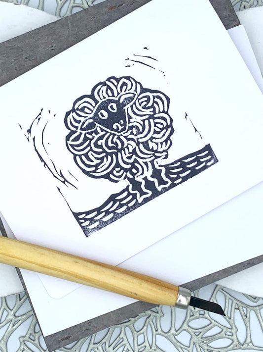 Hand Printed Sheep Card: Funny Farm Animal Notecard Set