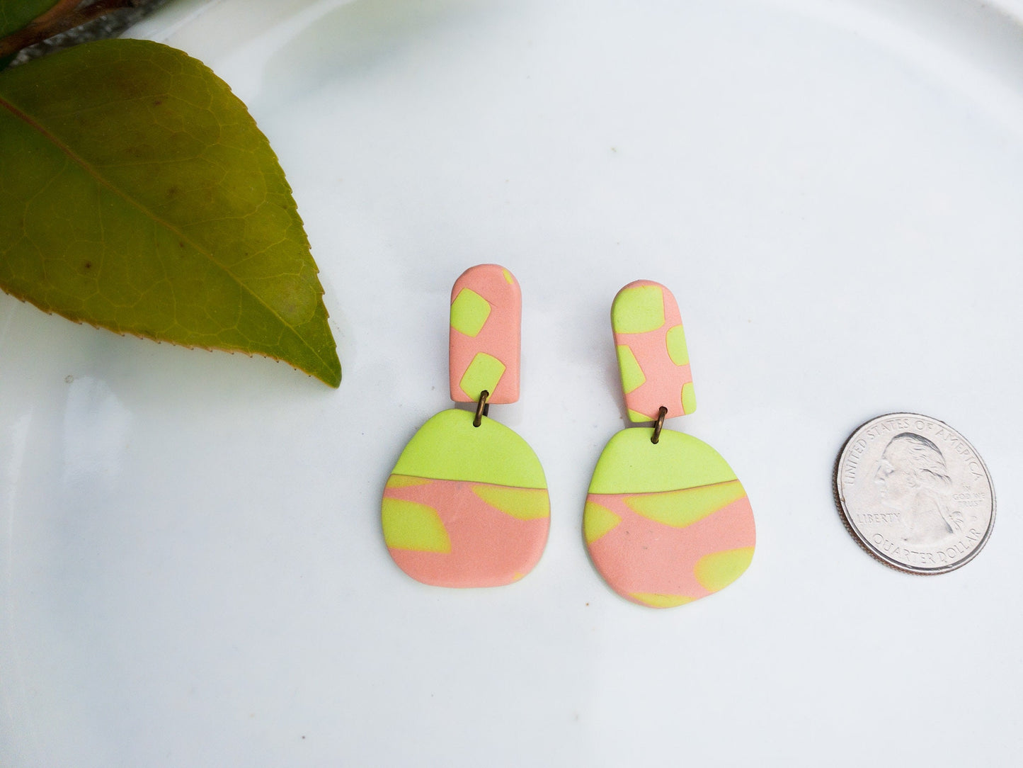 Funky Polymer Clay Dangle Earrings: Neon Pink & Lime Green
