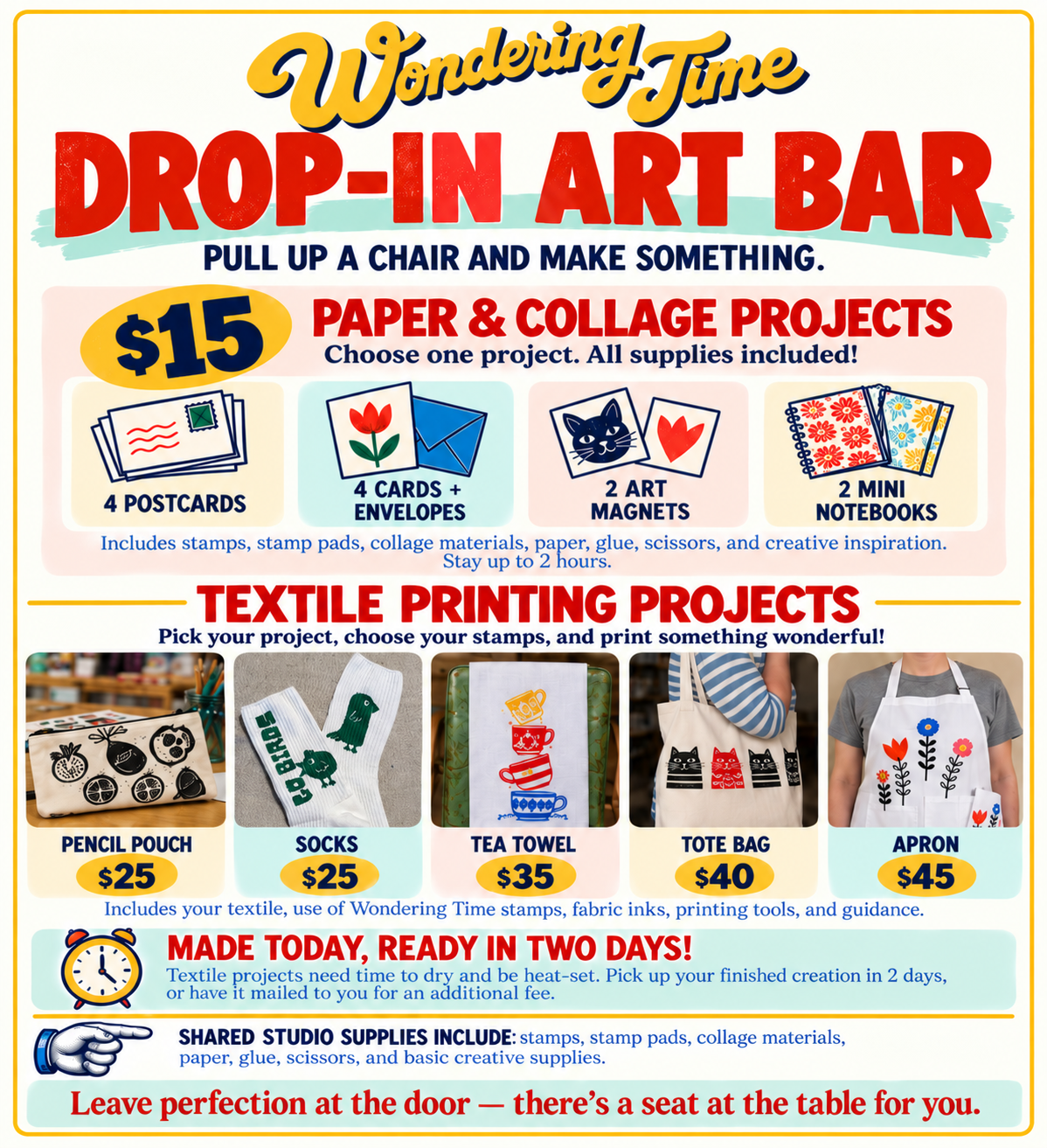 Wondering Time Drop-In Art Bar menu with paper, collage and textile project choices and prices